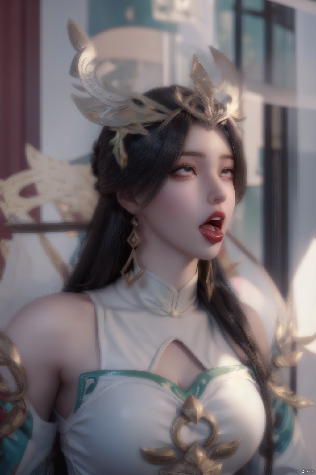 (masterpiece:1.3),(best quality:1.3),highres,1girl,mature female, milf,large breasts,ahegao, rolling eyes, open mouth,tongue out,naughty face,chinese_clothes,China_hat