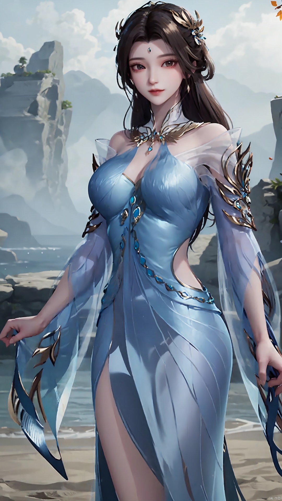 1girl, solo, dress, blue dress, black hair, hair ornament, jewelry, earrings, long hair, looking at viewer, mischevious smile, perfect body, scenery, sharp focus, best quality, masterpiece, detailed outfit, illustration, perfect eyes, finely detailed beautiful anime eyes, realistic skin, intricate details, best lighting, depth of field, ultra high resolution,cowboy_shot, dynamic pose, dynamic angle,