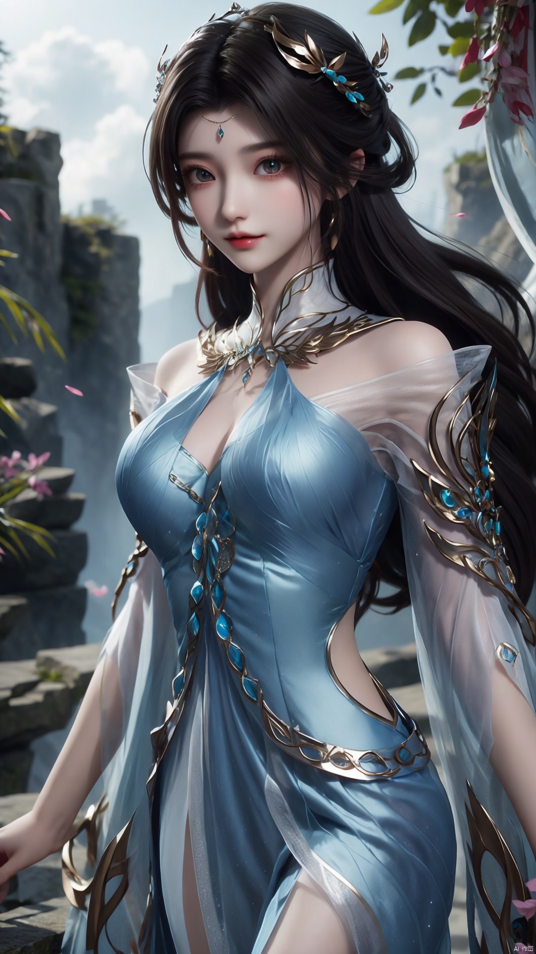  1girl, solo, dress, blue dress, black hair, hair ornament, jewelry, earrings, long hair, looking at viewer, mischevious smile, perfect body, scenery, sharp focus, best quality, masterpiece, detailed outfit, illustration, perfect eyes, finely detailed beautiful anime eyes, realistic skin, intricate details, best lighting, depth of field, ultra high resolution,cowboy_shot, dynamic pose, dynamic angle,