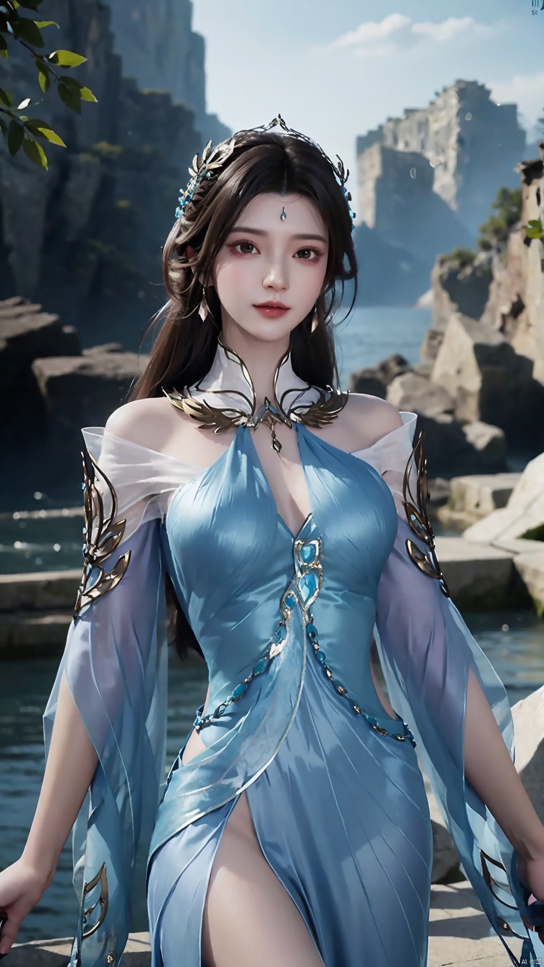  1girl, solo, dress, blue dress, black hair, hair ornament, jewelry, earrings, long hair, looking at viewer, mischevious smile, perfect body, scenery, sharp focus, best quality, masterpiece, detailed outfit, illustration, perfect eyes, finely detailed beautiful anime eyes, realistic skin, intricate details, best lighting, depth of field, ultra high resolution,cowboy_shot, dynamic pose, dynamic angle,