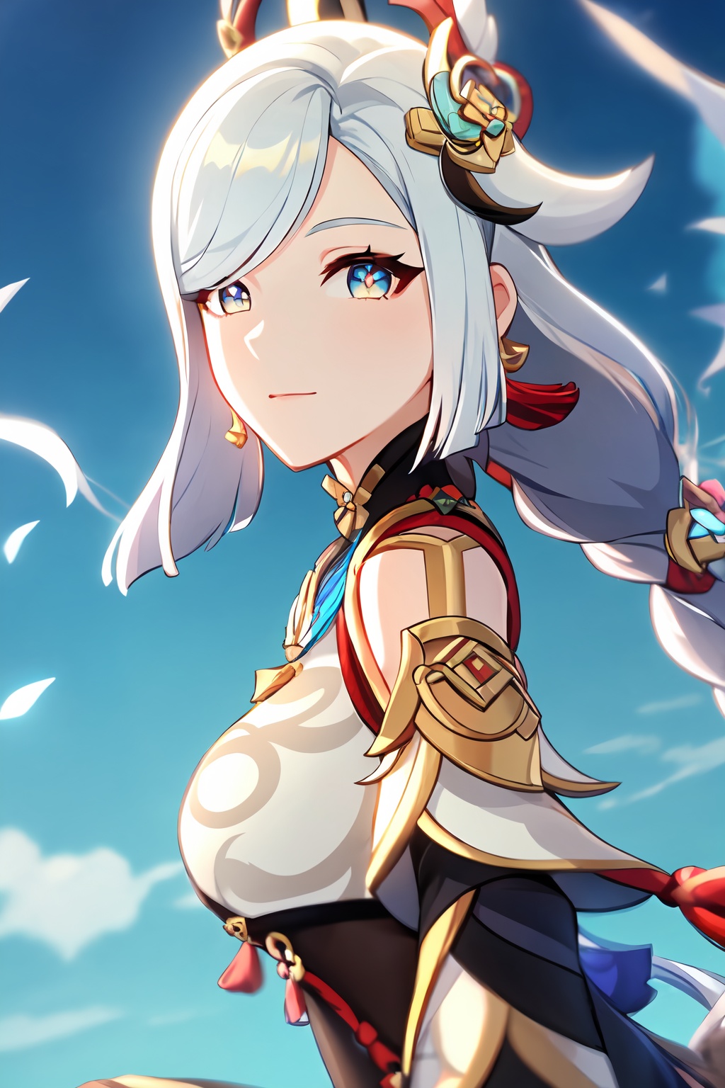 masterpiece,best quality,lightshenhe,1girl,shenhe (genshin impact),solo,long hair,looking at viewer,hair ornament,braid,white hair,breast curtain,upper body,outdoors,jewelry,earrings,blurry,from side,bodysuit,hair over one eye,bangs,blue gray gradient eyes,<lora:shenhe:0.8>,