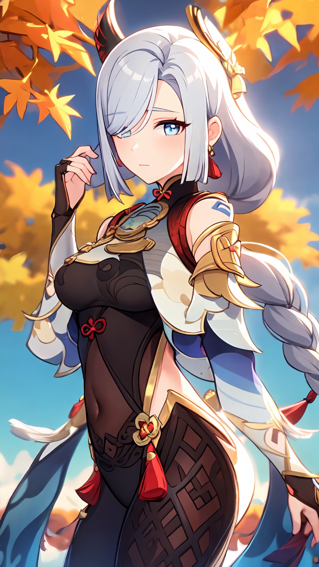 masterpiece,high quality,best quality,hires,letterboxed,(upper_body:1.4),small town,dandelion,dandelion seed in fly,maple on the ground,maple trees,sharp focus,shenhe,1girl,shenhe (genshin impact),solo,long hair,hair over one eye,breasts,bodysuit,braid,covered navel,hair ornament,breast curtain,grey hair,gloves,hip vent,looking at viewer,blue gray gradient eyes,bangs,braided ponytail,<lora:shenhe:0.8>,breathing on hands,blush,perfect face,very beautiful eyes,stars in the eyes,eyelashes,standing,looking at viewer,