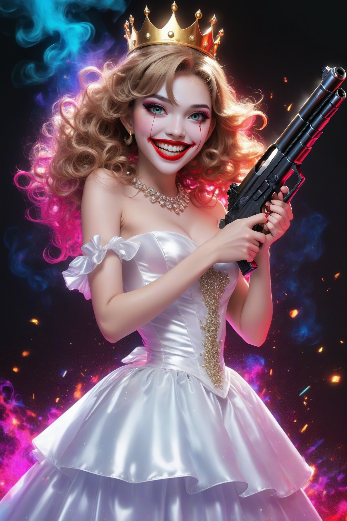 Hiro Crazy Dimension,  a princess in the prom gown,  with a gun and bold make up on Tensor.Art
