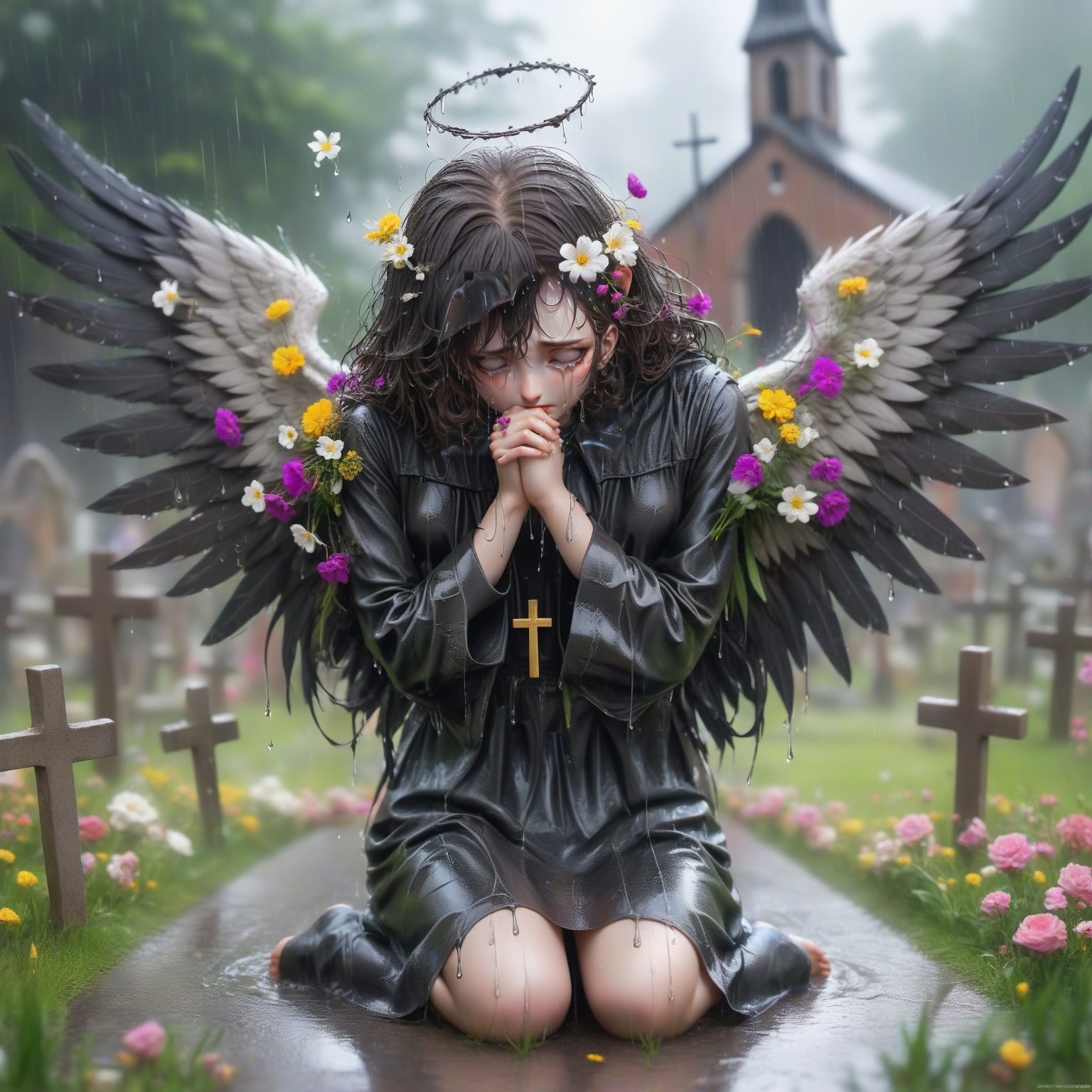 Hiro Crazy Dimension,  a sad angle on the church yard,  rain on Tensor.Art