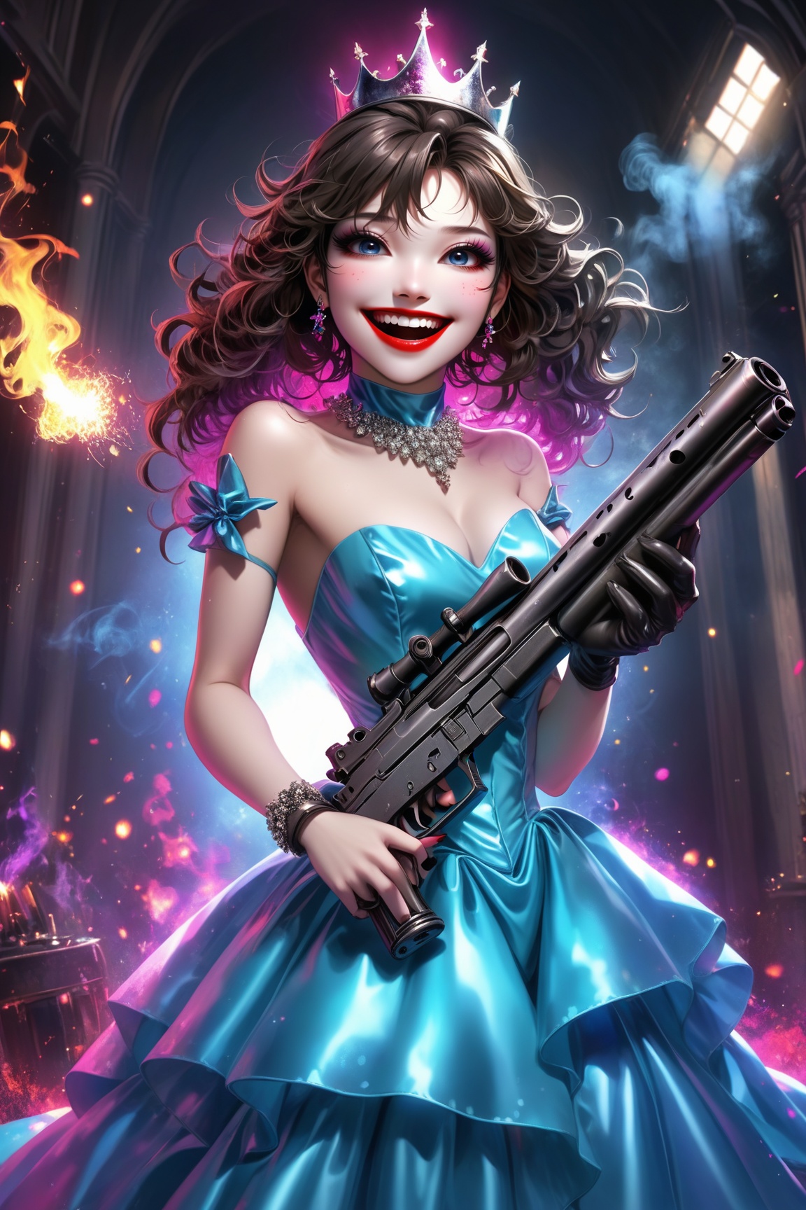 Hiro Crazy Dimension,  a princess in the prom gown,  with a gun and bold make up on Tensor.Art