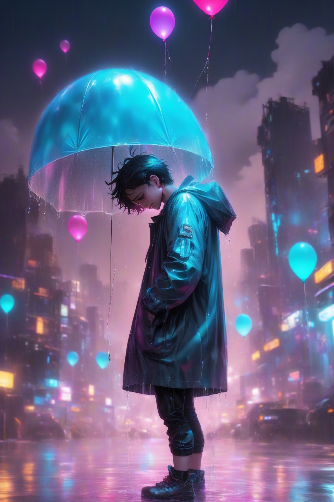Hiro Crazy Dimension,  sad boy,  hugging a balloon and cry on Tensor.Art