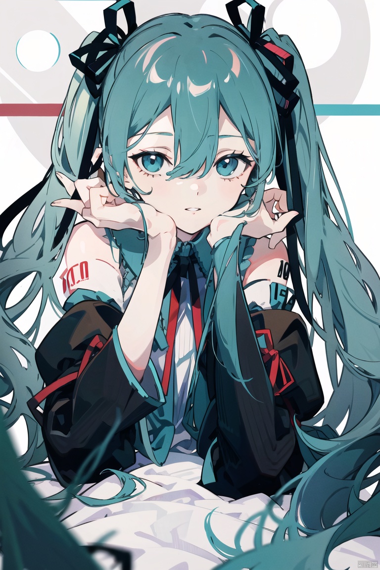 1girl, solo, long hair, looking at viewer, smile, bangs, shirt, long sleeves, ribbon, hair between eyes, bare shoulders, twintails, very long hair, blue hair, hair ribbon, white shirt, upper body, parted lips, detached sleeves, puffy sleeves, blurry, aqua eyes, red ribbon, hands up, black ribbon, aqua hair, neck ribbon, puffy long sleeves, head rest, hatsune miku