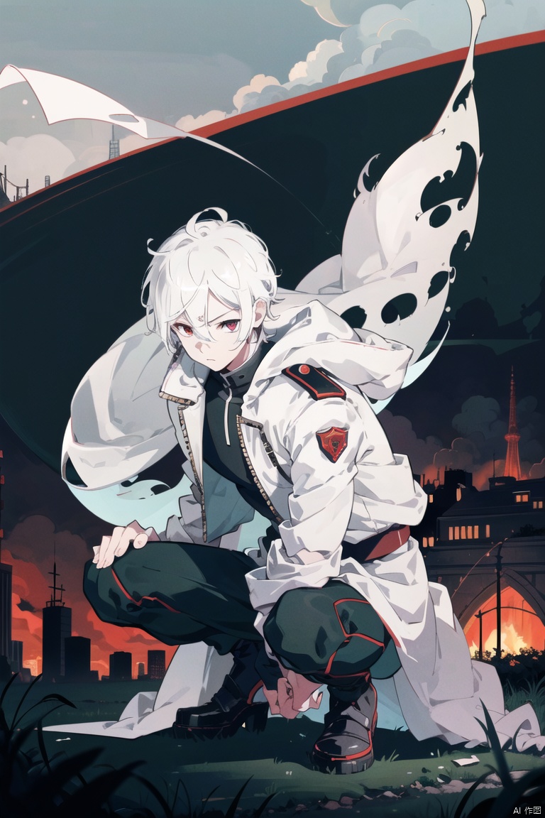 Anime Fma Style,anime screenshot,1boy,Short and spiky hair,White hair,white skin,red eyes,((Well detailed eyes)),white trench coat,black pants,black shoes,Night Landscape,City Landscape,city behind him,fireflies,grass,8k,Very detailed,extremely detailed