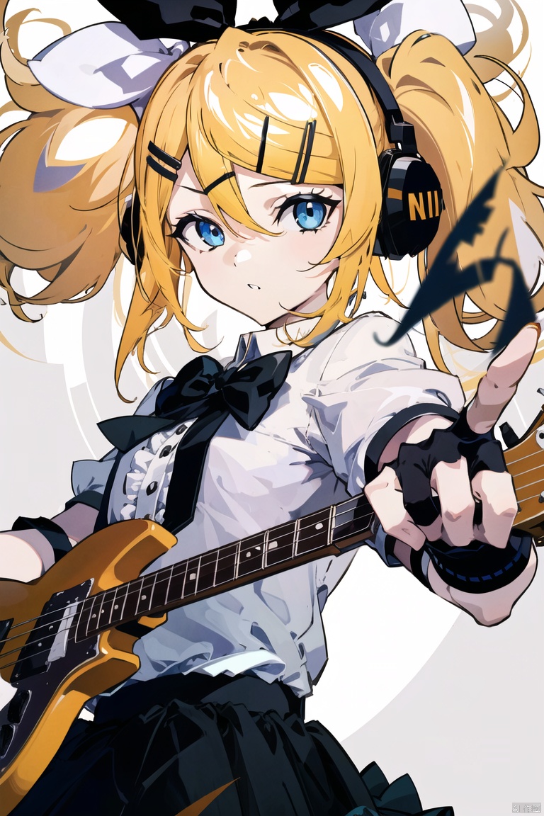 1girl, solo, looking at viewer, bangs, blue eyes, skirt, blonde hair, shirt, hair ornament, gloves, bow, ribbon, holding, twintails, white shirt, upper body, short sleeves, hair bow, frills, parted lips, black gloves, hairclip, black skirt, black bow, headphones, white bow, instrument, guitar, holding instrument, electric guitar, bass guitar, kagamine rin