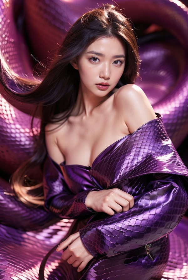 masterpiece,best quality,(A Purple snake wrapped around the girl),fashion model,upper body,Purple scale, clean background