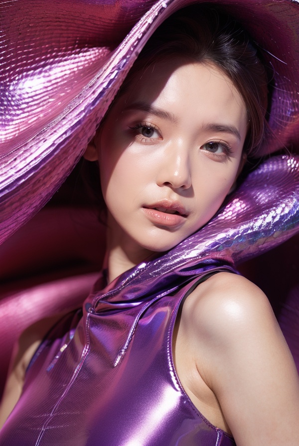 1girl,fashion model,upper body,Purple scale, clean background