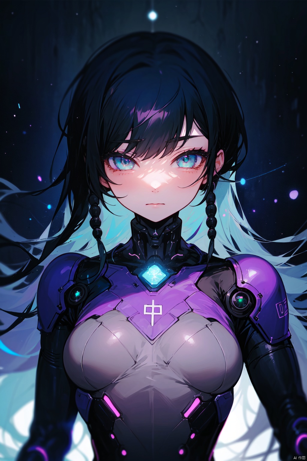 centered, digital art, upper body, (beautiful detailed eyes:1.2), | solo, ebony woman, wearing the black and purple cybernetic armor with green parts of Space Woman, tight bodysuit, black hair, dreadlock hair, emerald eyes, muscular proportions, | in a dungeon made all of metal, | bokeh , depth of field
