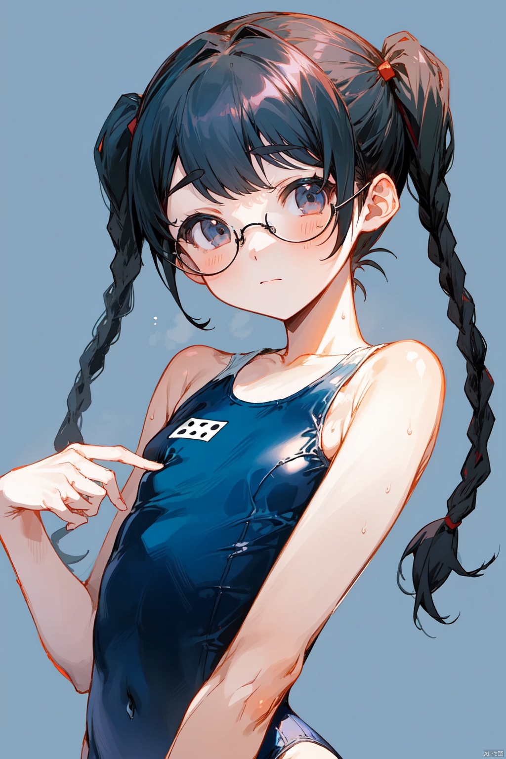 1girl, solo, looking at viewer, simple background, black hair, twintails, swimsuit, upper body, braid, glasses, black eyes, twin braids, flat chest, one-piece swimsuit, blue background, school swimsuit