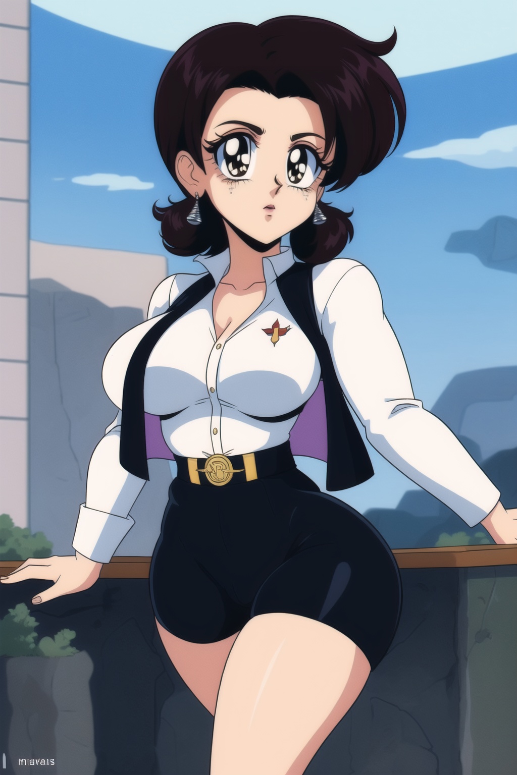 Miki Saegusa,  short curly bob curvy bang brown hair,  brown eyes on Tensor.Art