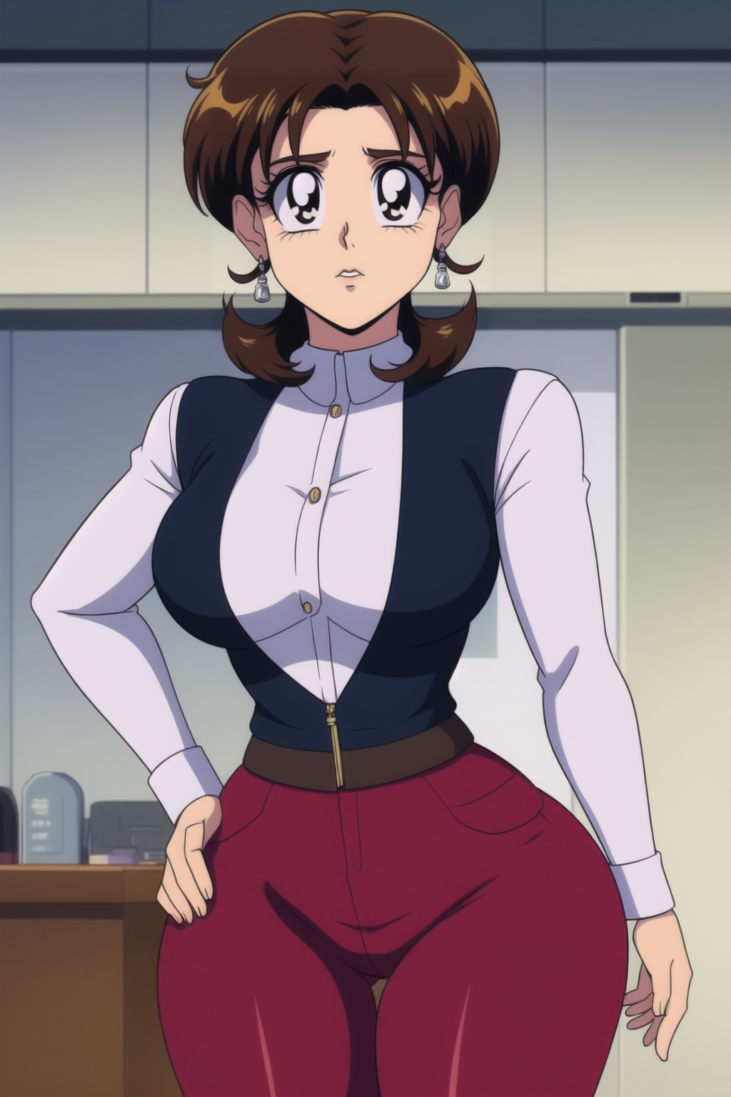 Miki Saegusa,  short curly bob curvy bang brown hair,  brown eyes on Tensor.Art