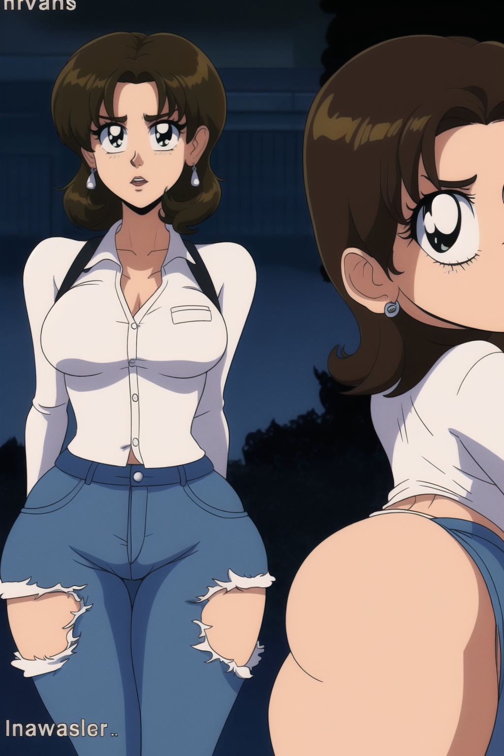 Miki Saegusa,  short curly bob curvy bang brown hair,  brown eyes on Tensor.Art