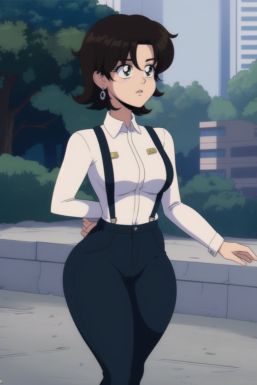 Miki Saegusa,  curly short bob curvy bang brown hair,  brown eyes on Tensor.Art
