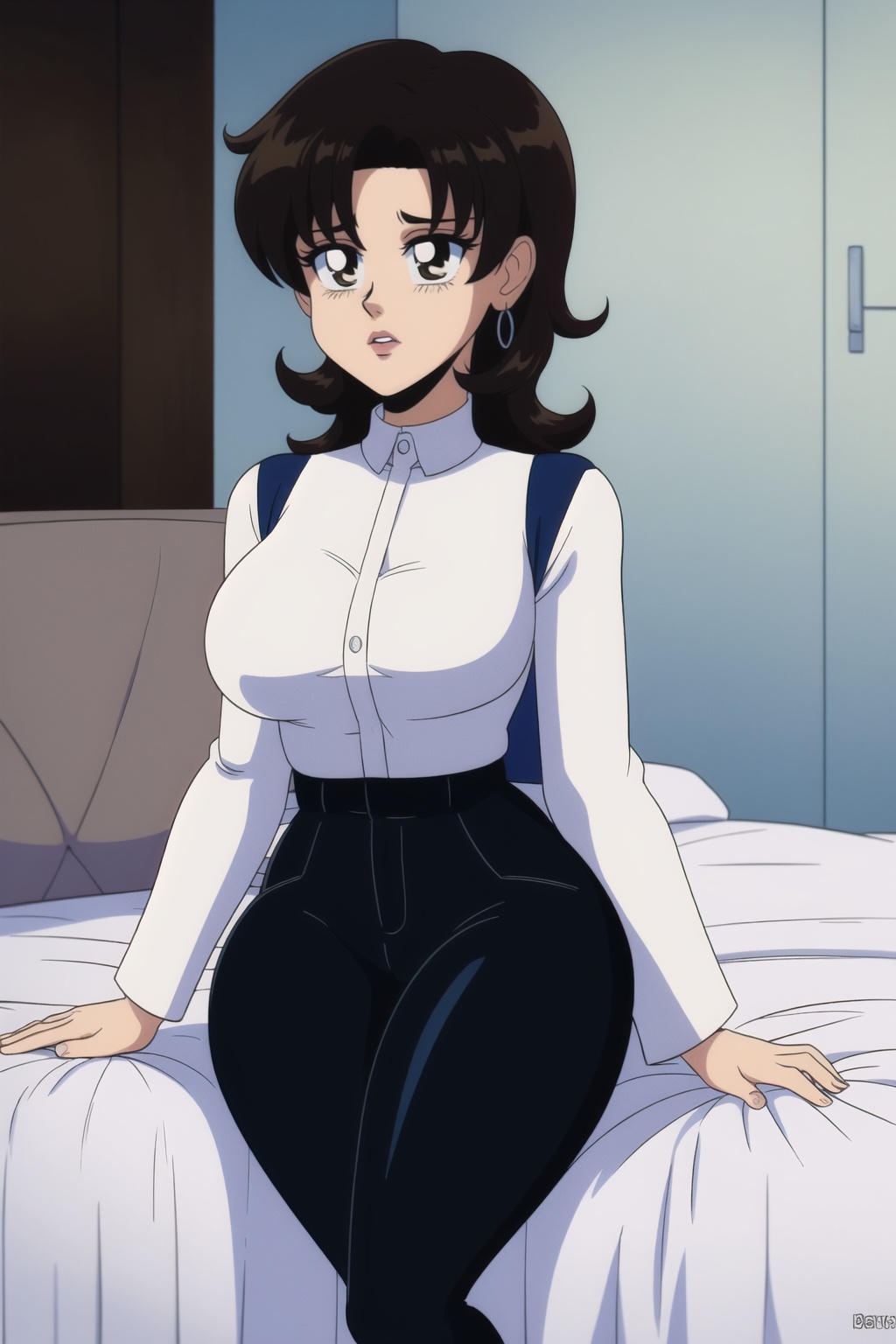 Miki Saegusa,  curly short bob curvy bang brown hair,  ((brown eyes)) on Tensor.Art