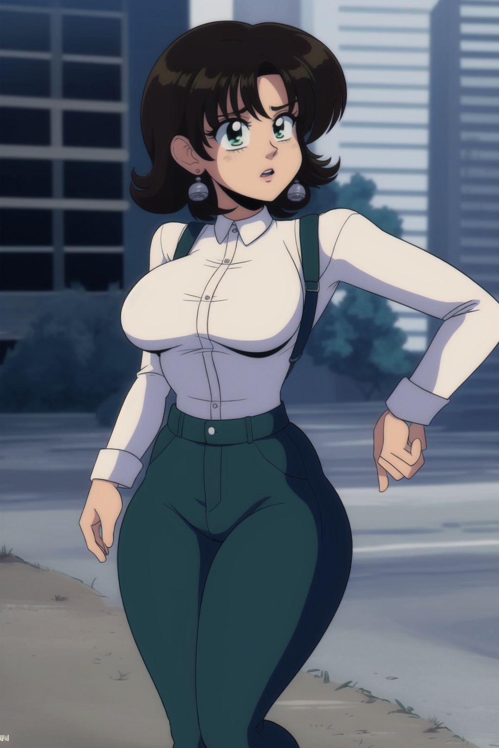Miki Saegusa,  curly short bob curvy bang brown hair,  brown eyes on Tensor.Art