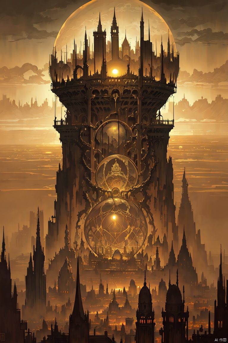 A vast cityscape slowly consumed by encroaching desert, surreal and dystopian, by zdzislaw beksinski, Cloudy, Art Deco, Key, Cryptic, (Sepia:1.1), (Golden ratio:1.1), (Glazing:1.1), (Sunset:1.2), Lace, Sphere, ultra detailed, intricate, oil on canvas, dry brush, (surrealism:1.1), (disturbing:1.1)