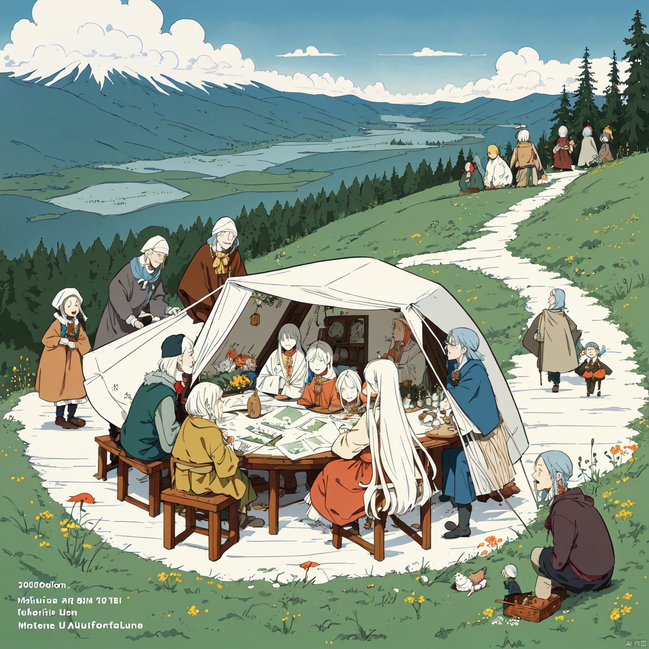  An illustration by Mattias Adolfsson of 6 friends , 3 man and 3 woman, highly detail, UDH, fun, nature,full frame