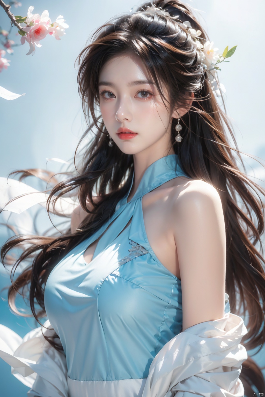  illustrator, anime, realistic, 1girl, lip, dress, order, blue gradient background, long hair,(masterpiece, best quality),large breasts