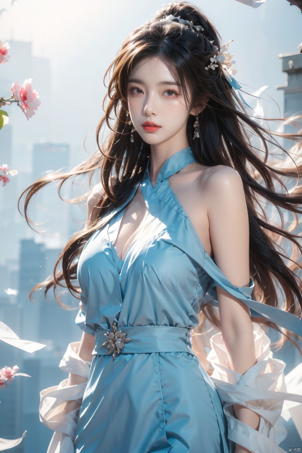  illustrator, anime, realistic, 1girl, lip, dress, order, blue gradient background, long hair,(masterpiece, best quality),large breasts
