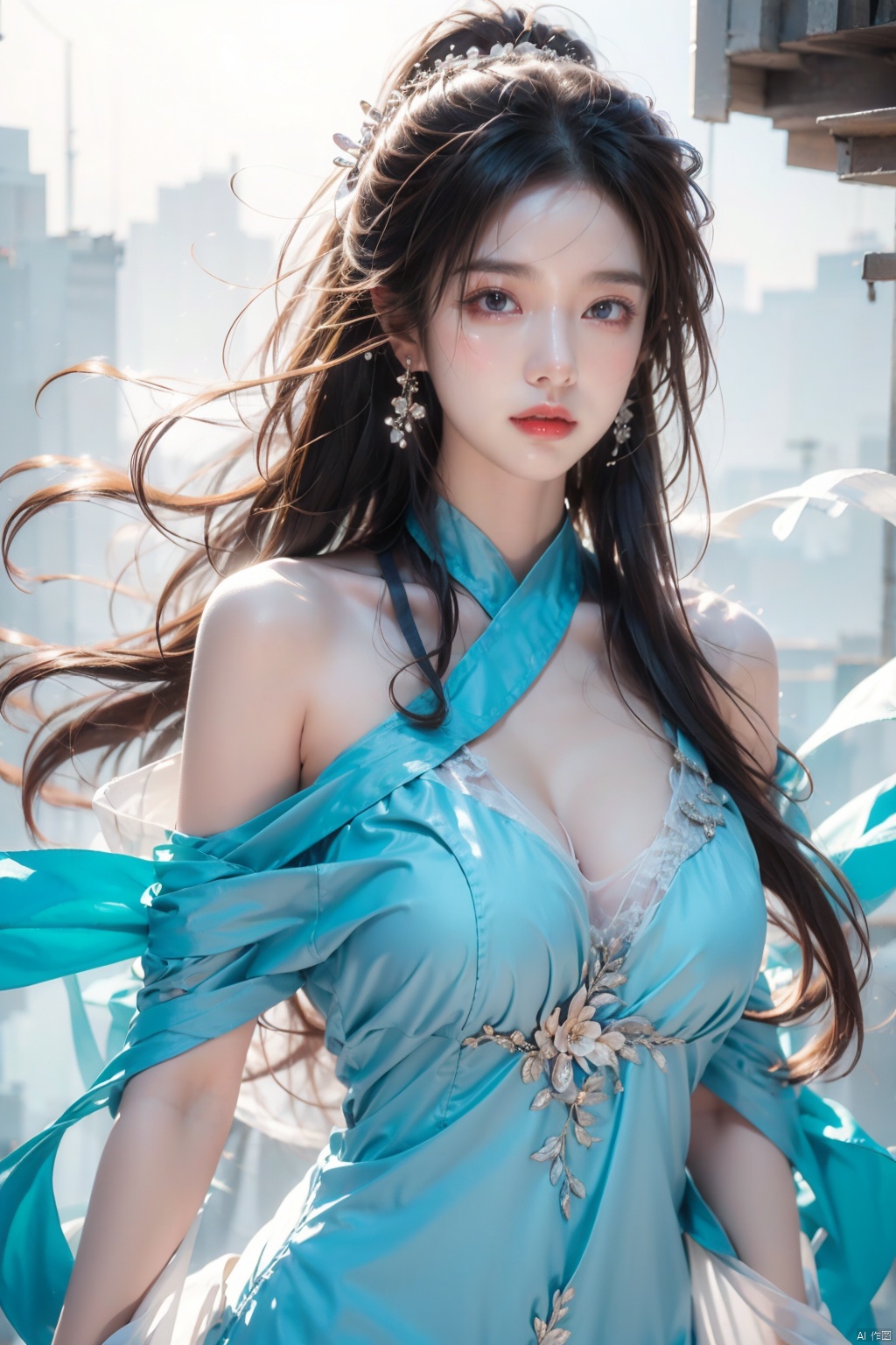  illustrator, anime, realistic, 1girl, lip, dress, order, blue gradient background, long hair,(masterpiece, best quality),large breasts