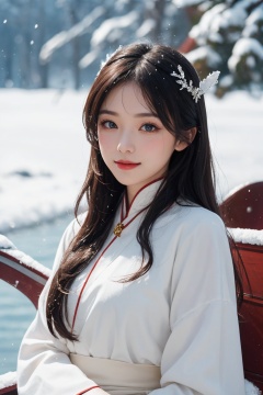 a girl for cgart_mayfly\(model\) test, in (pure white:1.5) dress, long hair cascading over her shoulders, winter hanfu, fur collar,(looking_at_viewer),smile. BREAK, adorned with a golden headband on her hair, which shone even more brilliantly in the snow. Her attire was like that of a fairy woman. she was only around 15 or 16 years old, with skin as white as snow, delicate and beautiful beyond words. BREAK,Snow, Edge lighting, the traditional Chinese boat, 35mm photograph, shot by Leica M50 f/2.8