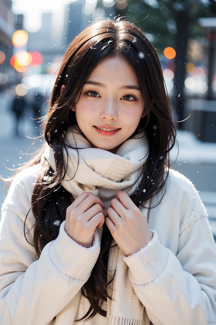 1girl,(snow:1.2),(snowing:1.2),snow,solo,scarf,long hair,smile,brown hair,bokeh,realistic,blurry