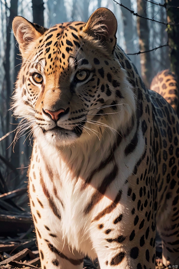 (best quality,16k,32k,Altas,master part:1.2),ultra-detalhado,(Realistic,fotorrealista,photo-realistic:1.37),(O melhor leopardo da neve Orochi) glowing red eyes realistic fire background of totally destroyed forest alone looking at camera serious expression.