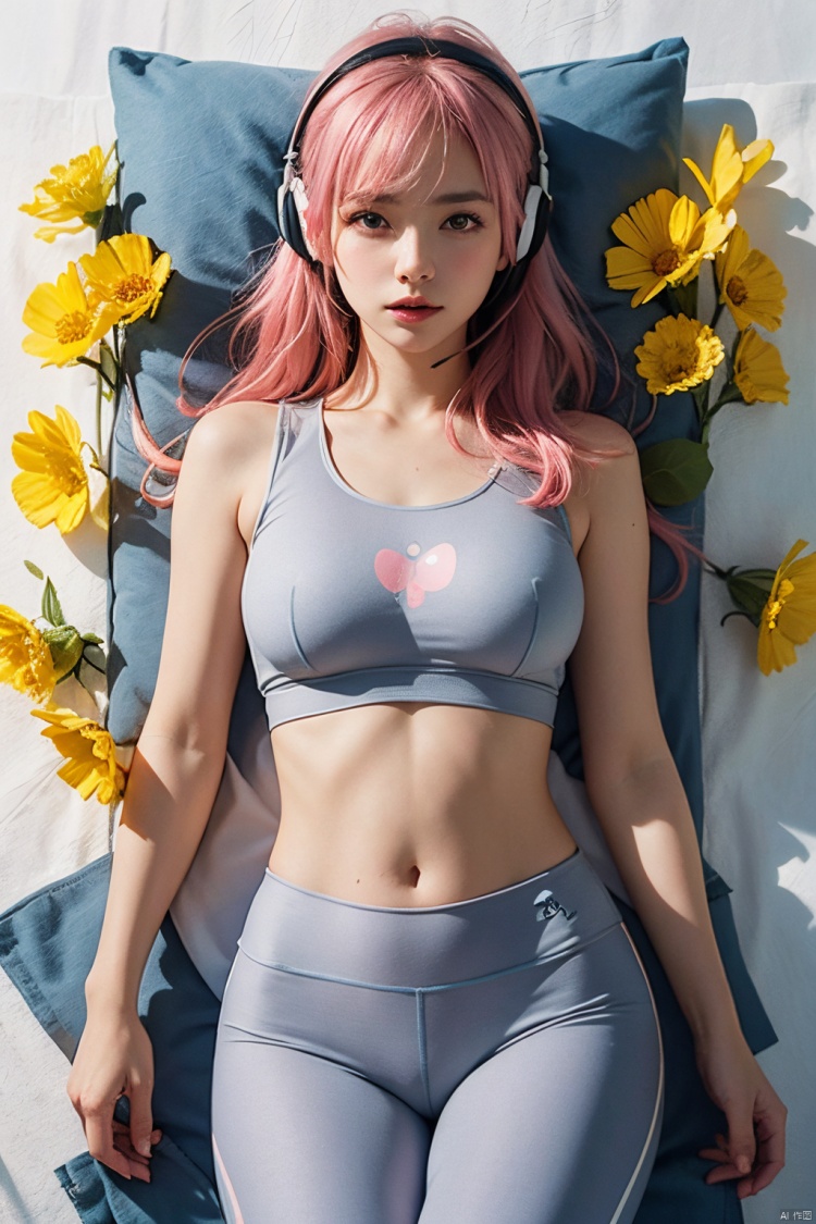1 girl, (light gray yoga suit), multi-colored hair, pink hair, butterfly headband, white electric sports headset, (rape flower), sea of flowers, body, lie down, navel, white transparent skin, seen from above, represented by Hearts, decorated with blue hearts, using lots of hearts, using lots of blue hearts as background, using lots of yellow, using lots of yellow flowers, soft light, masterpiece, best quality, 8K, HDR, flowers