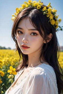 A beautiful young girl taking photos, wearing a delicate flower wreath, surrounded by blooming canola flowers. The background is a simple blend of pure purple and blue, with cinematic lighting that makes the whole scene more vivid and textured. Ultra HD photo of a girl in a flower wreath surrounded by canola flowers, pure purple and blue background, film-level lighting, trending on Unsplash, high quality, sharp focus, vibrant colors, artistic, natural beauty, serene atmosphere, photorealistic image by top photographers, inspired by Pinterest and Instagram.