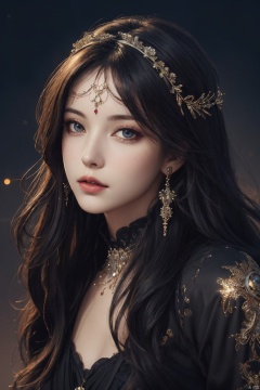official art,beautiful and aesthetic,1girl,long hair,beautiful face,detailed eyes,colorful,jewelry,night,(realistic:1.5),extreme detailed,(fractal art:1.3),witch, half body,from front