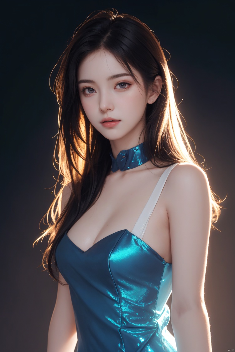 rich colors,(upper body:1.2),high gloss,extremely beautiful skin,natural skin texture,(pale skin, real_skin),(Milky skin:1.2),(shiny skin:1.4),orange background,cinematic light,fantasy,highres,highest quallity,eyes with light,model pose,Stiletto Boots,professional lighting,large aperturing,atmosphere,candid shots,neon lighting,hologram dress with blue and purple fabric,transparent/translucent medium,photorealistic,(1girl:1.7),(20yo:1.5)