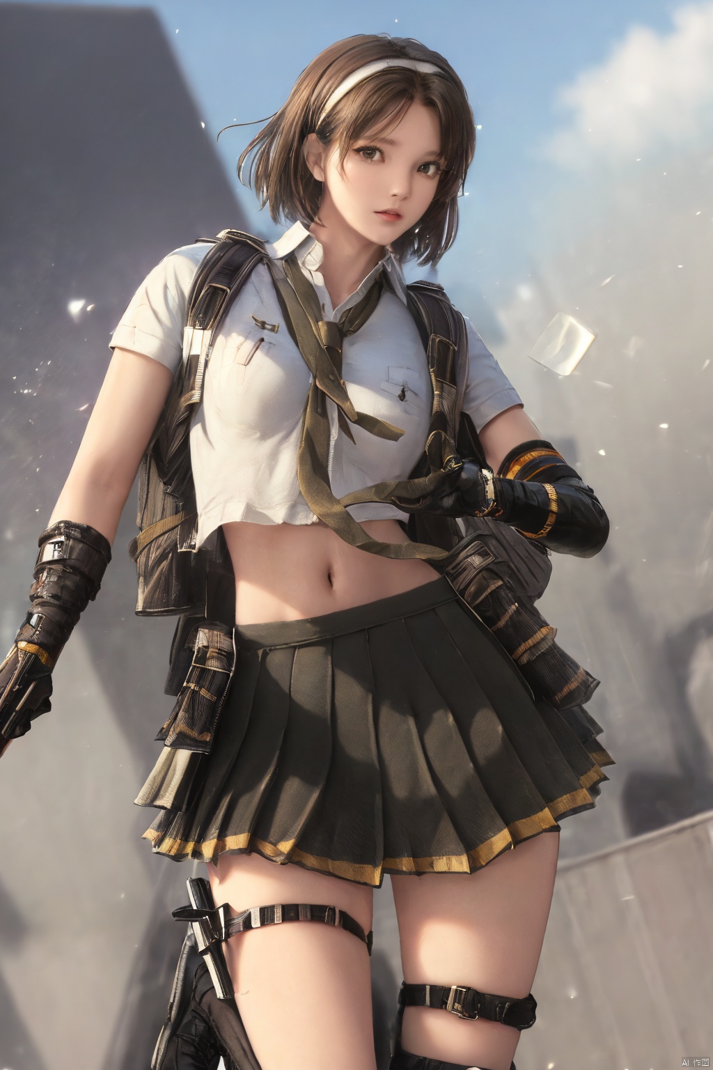 Perfect, Masterpiece, Masterpiece, 8K,,,1girl,solo,Brown hair, short hair, headband, brown eyes,Shirt, short sleeves,White shirt, exposed navel, exposed navel, tie, skirt, pleated skirt,Black gloves, kneepads, boots, backpack,,