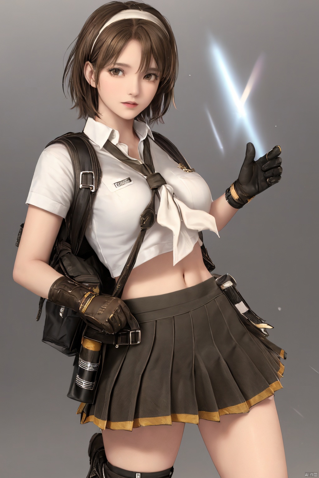 Perfect, Masterpiece, Masterpiece, 8K,,,1girl,solo,Brown hair, short hair, headband, brown eyes,Shirt, short sleeves,White shirt, exposed navel, exposed navel, tie, skirt, pleated skirt,Black gloves, kneepads, boots, backpack,,