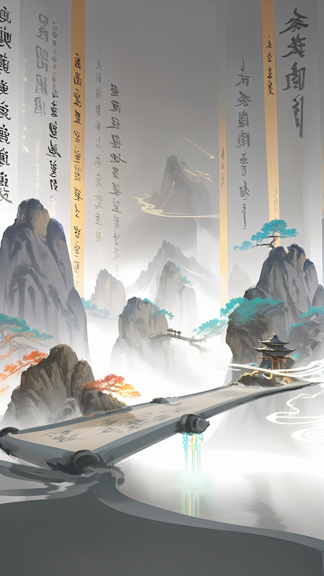 Gray, wide-angle lens, fantasy concept, falling scrolls, luminous calligraphy, scenery, trees, mountains, Zen aesthetics <lora:sdxl_juanzhou:0.8>