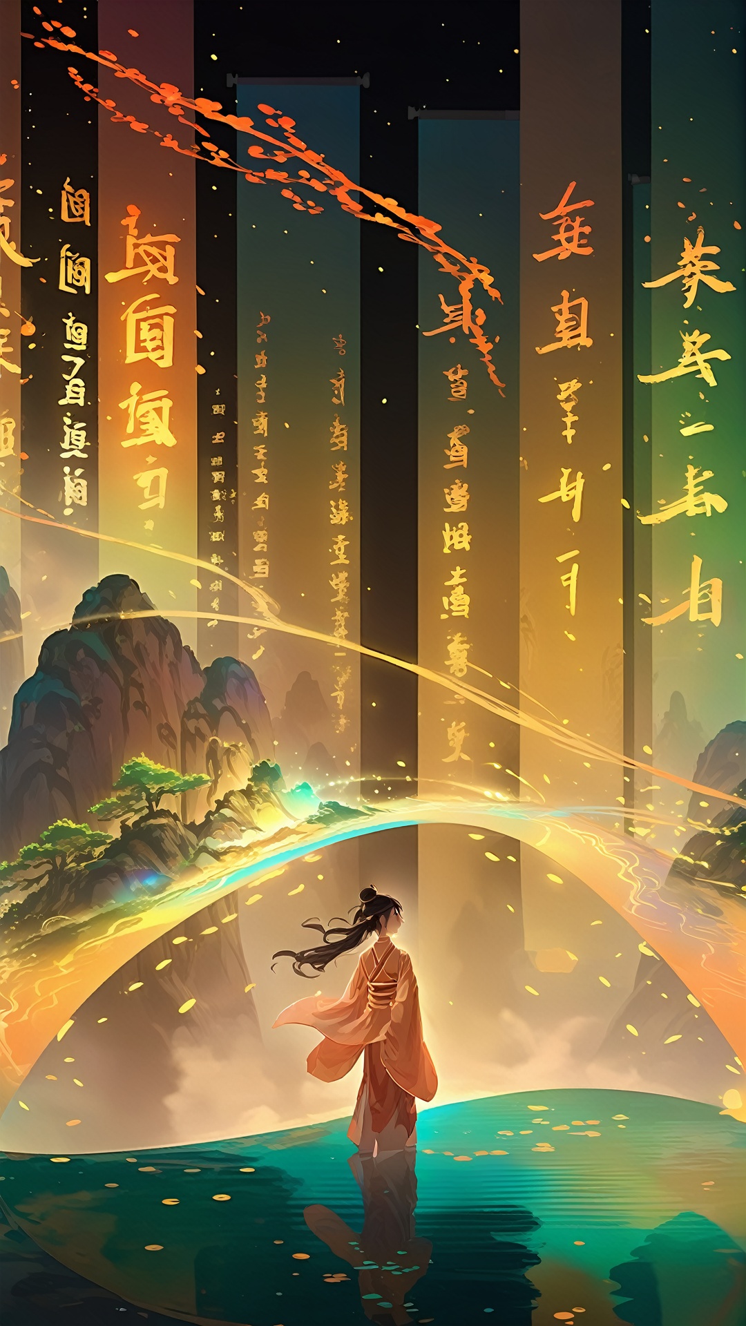 Ash,(Huge concept scroll of floating sky) A girl, fantasy concept mood, glowing text color river particles, scenery, trees, mountains, Zen Chinese festival aesthetics <lora:sdxl_juanzhou:0.8>