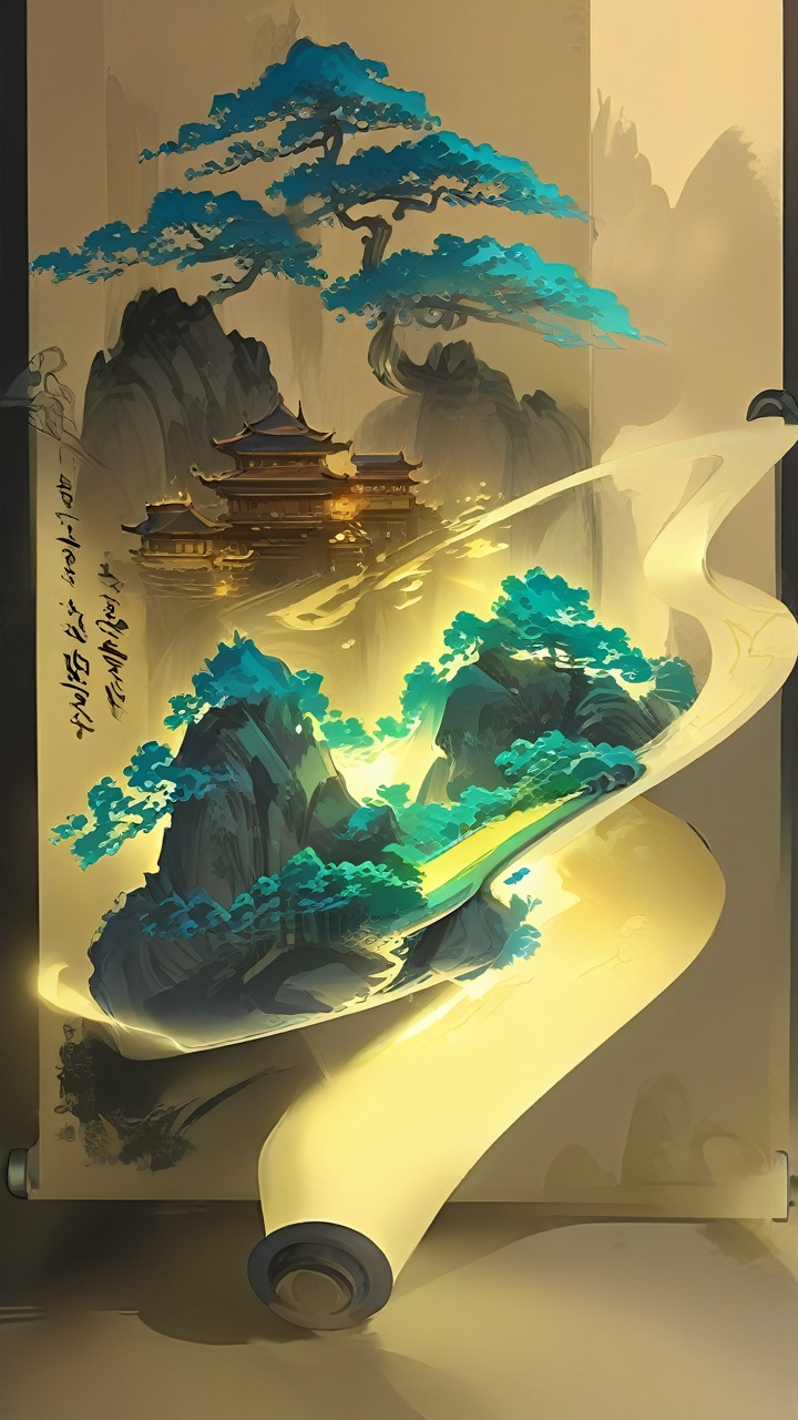 Ash, scrolls, luminous calligraphy, scenery, trees <lora:sdxl_juanzhou:0.8>