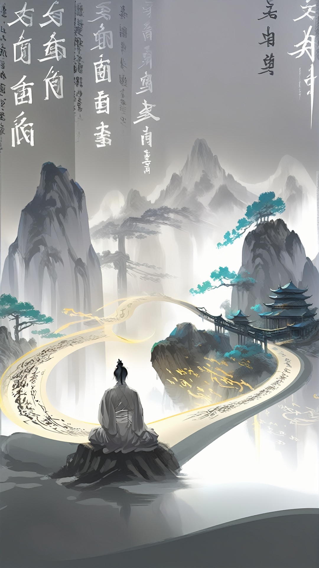 Gray, wide-angle lens, fantasy concept, falling scrolls, luminous calligraphy, scenery, trees, mountains, Zen aesthetics <lora:sdxl_juanzhou:0.8>