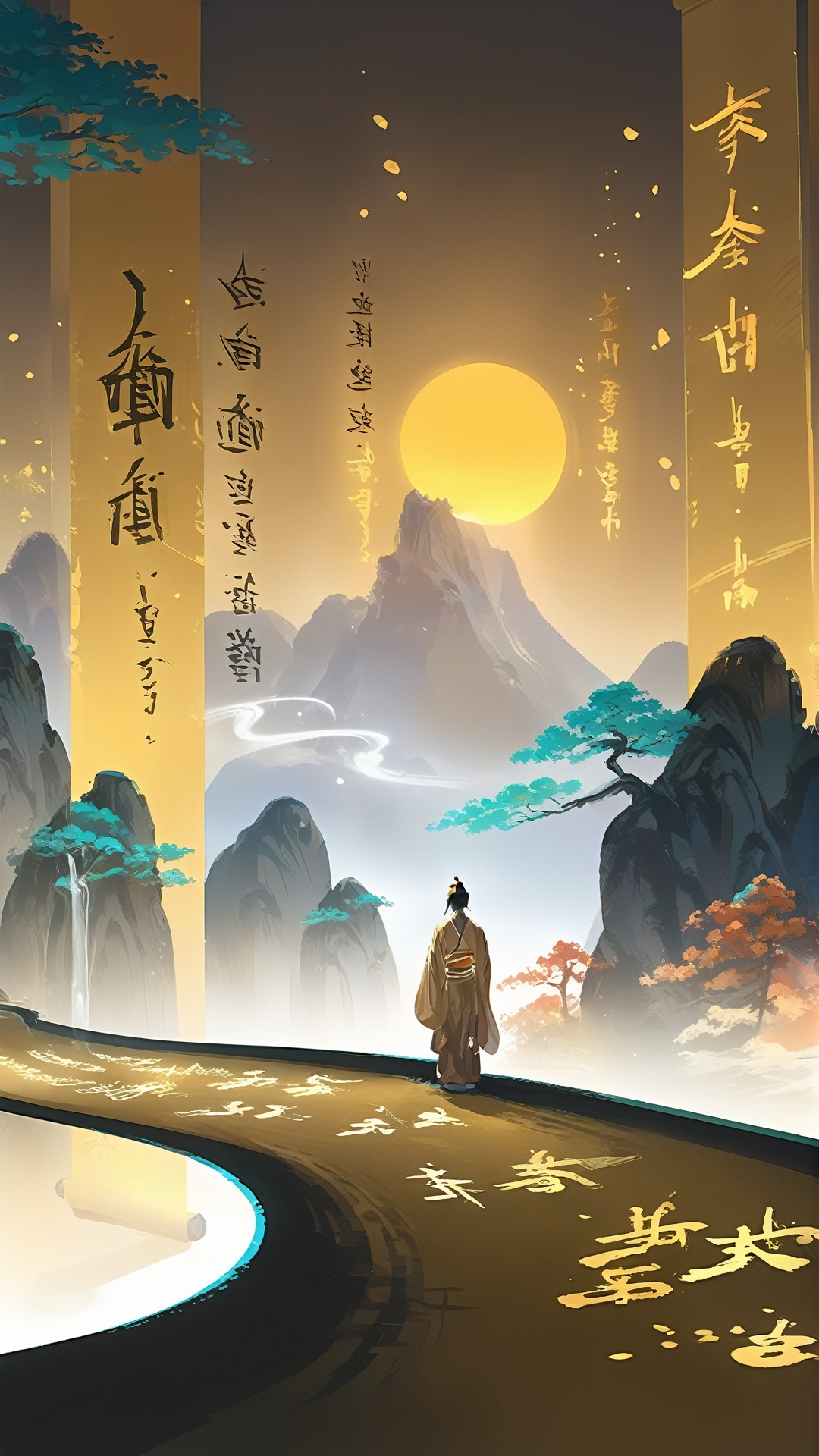 Ash,Super wide Angle lens, fantasy concept, bright and falling concept scroll, luminous calligraphy, river particles, scenery, trees, mountains, Zen aesthetics <lora:sdxl_juanzhou:0.8>