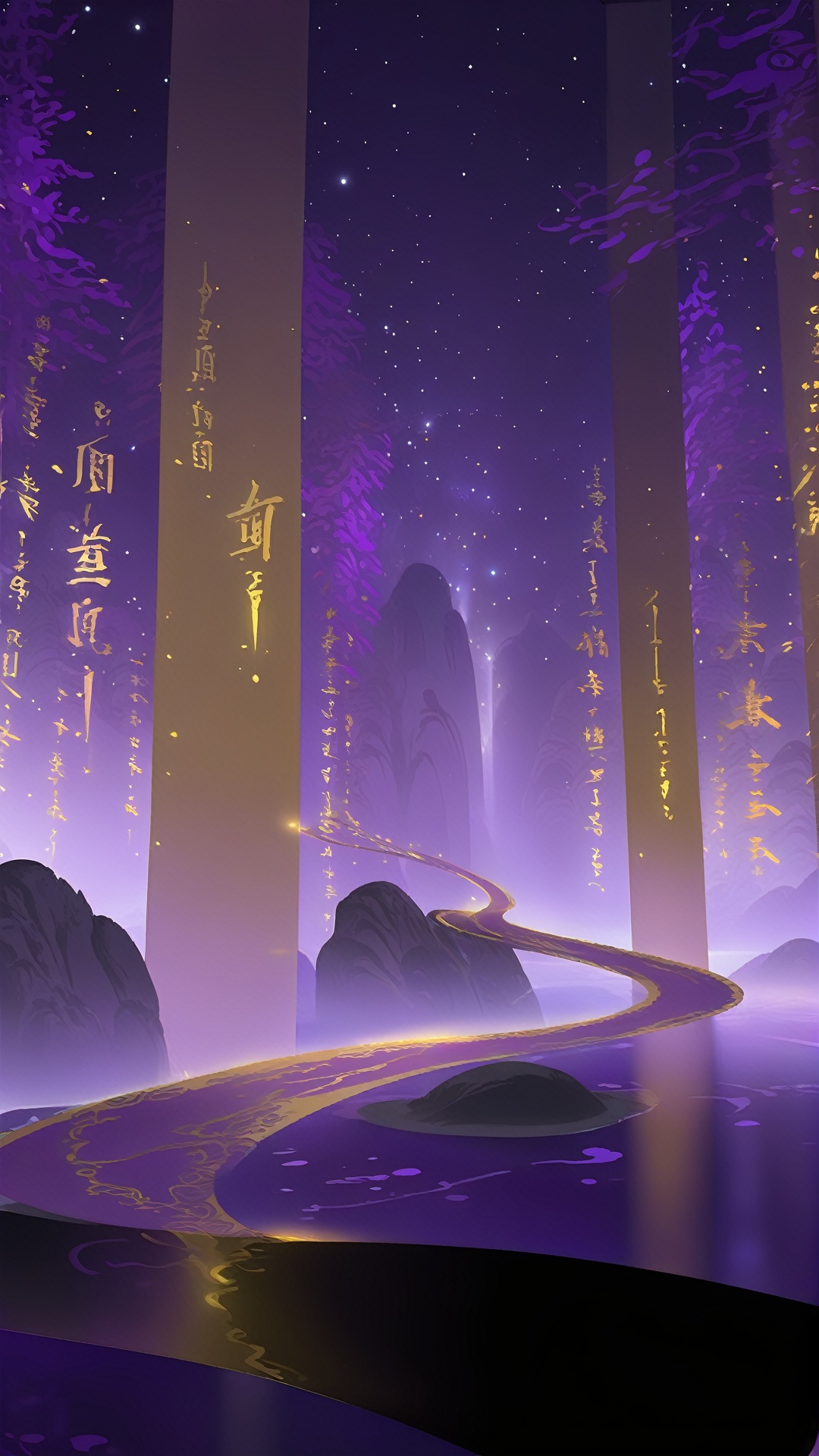 Ash,Super wide Angle lens, fantasy concept, bright and falling concept scroll, luminous text purple and gold river particles, scenery, trees, mountains, Zen aesthetics <lora:sdxl_juanzhou:0.8>