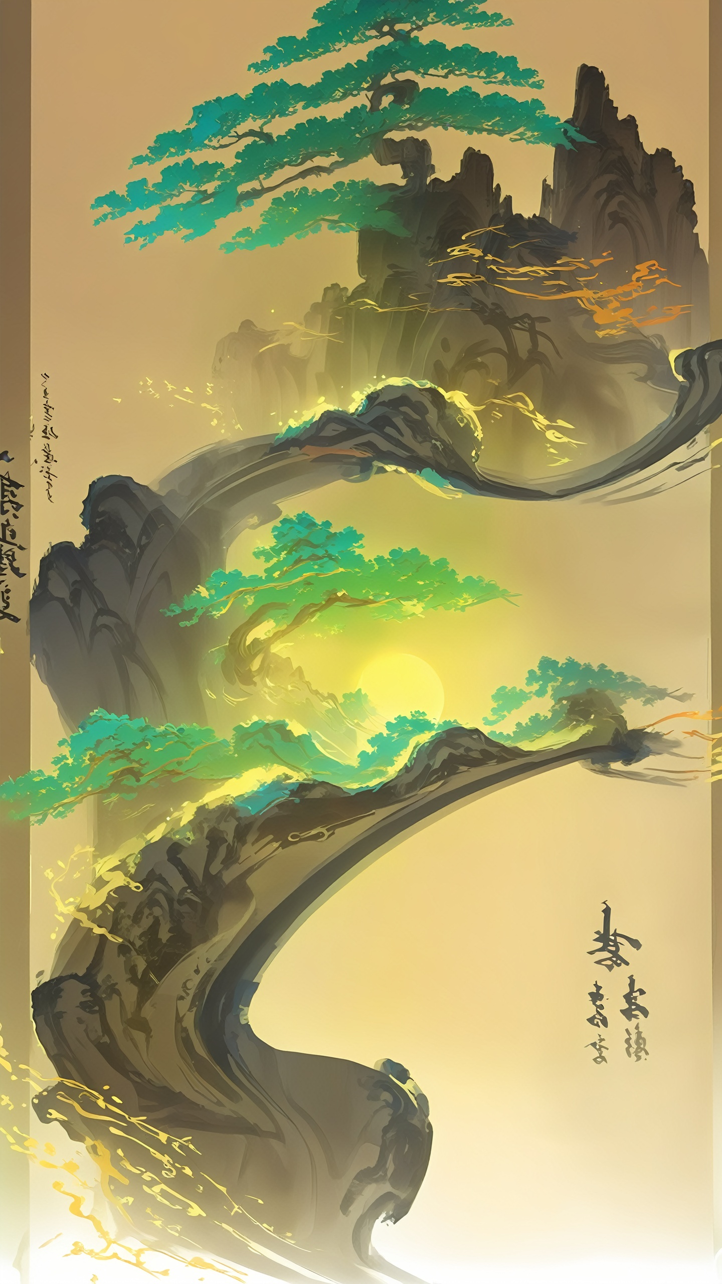 Ash, scrolls, luminous calligraphy, scenery, trees <lora:sdxl_juanzhou:0.8>