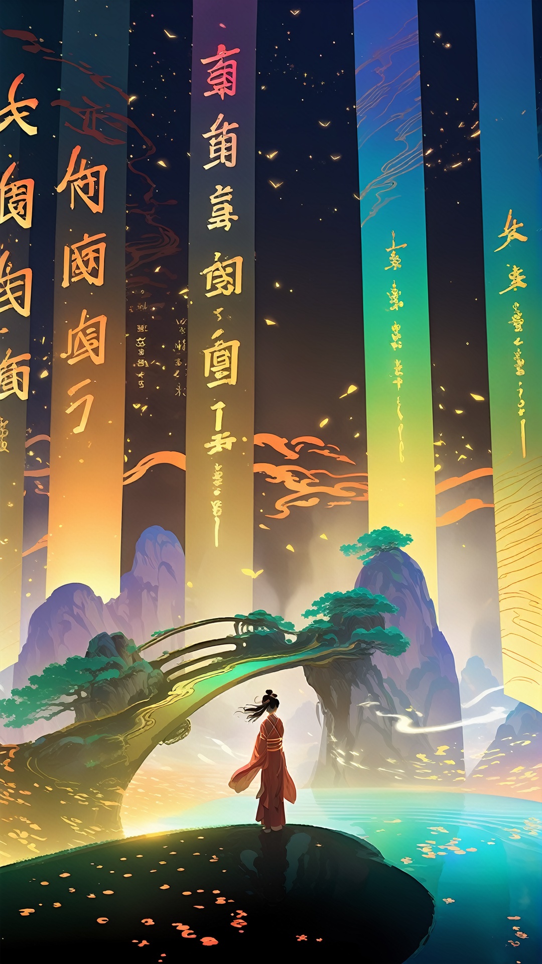 Ash,Huge concept scroll of floating sky, super wide Angle lens, a girl, fantasy concept mood, glowing text color river particles, scenery, trees, mountains, Zen Chinese festival aesthetics <lora:sdxl_juanzhou:0.8>