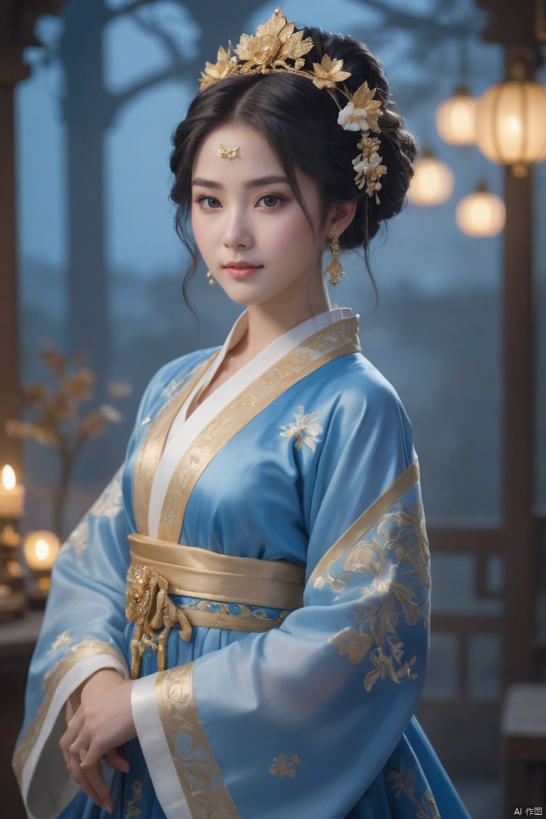 HUBG_Rococo_Style(loanword), 1girl, hanfu, Portrait of noble and graceful goddess, dressed in blue and gold, elaborate coiffure hairstyle, dark hair, decoration, 16K, UHD, HDR, Brilliant scene with bright lights, mist, numerous decorations, joyful atmosphere, light smile,