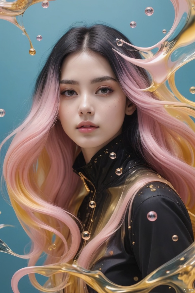 1 girl stands in black and gold fluid, looks at viewer, (fractal art:1.3), black and gold, floating pink long hair, precise facial structure, Gradient white|light blue fluid, organic feel, bubbles, cowboy shot, vivid color, colorful background,