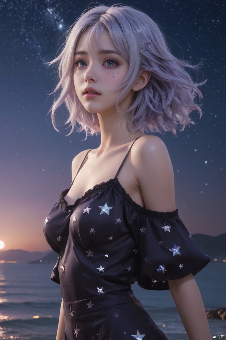  masterpiece, best quality, illustration, stars in the eyes,dishevelled hair,Starry sky adorns hair, 1 girl,full body,sparkling anime eyes,beautiful detailed eyes, beautiful detailed stars,blighting stars,emerging dark purple across with white hair,multicolored hair,beautiful detailed eyes,beautiful detailed sky, beautiful detailed water, cinematic lighting, dramatic angle, wide shot, cowboy_shot,