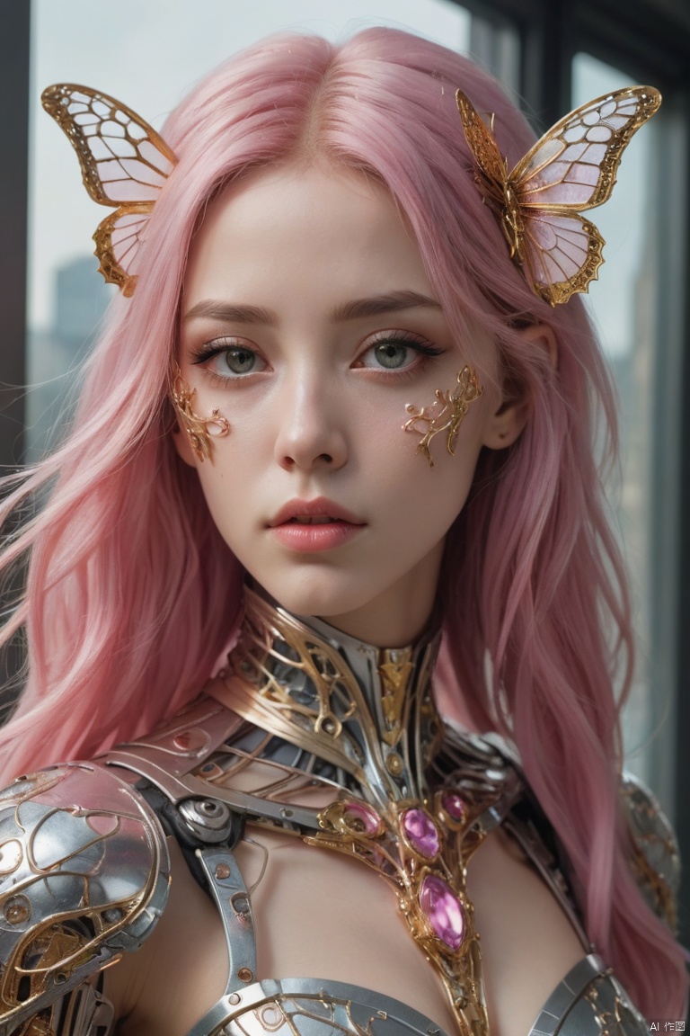 art of a beautiful 1girl cyborg with long pink hair, futuristic, scifi, intricate, elegant, highly detailed, majestic, the painting with a unique combination of realism and abstraction, surreal gold filigree, broken glass, (masterpiece, sidelighting, finely detailed beautiful eyes: 1.2), hdr, realistic painting, natural skin, textured skin, closed mouth, crystal eyes, butterfly filigree, chest armor, eye makeup, robot joints, long hair moved by the wind, window facing to another world,
