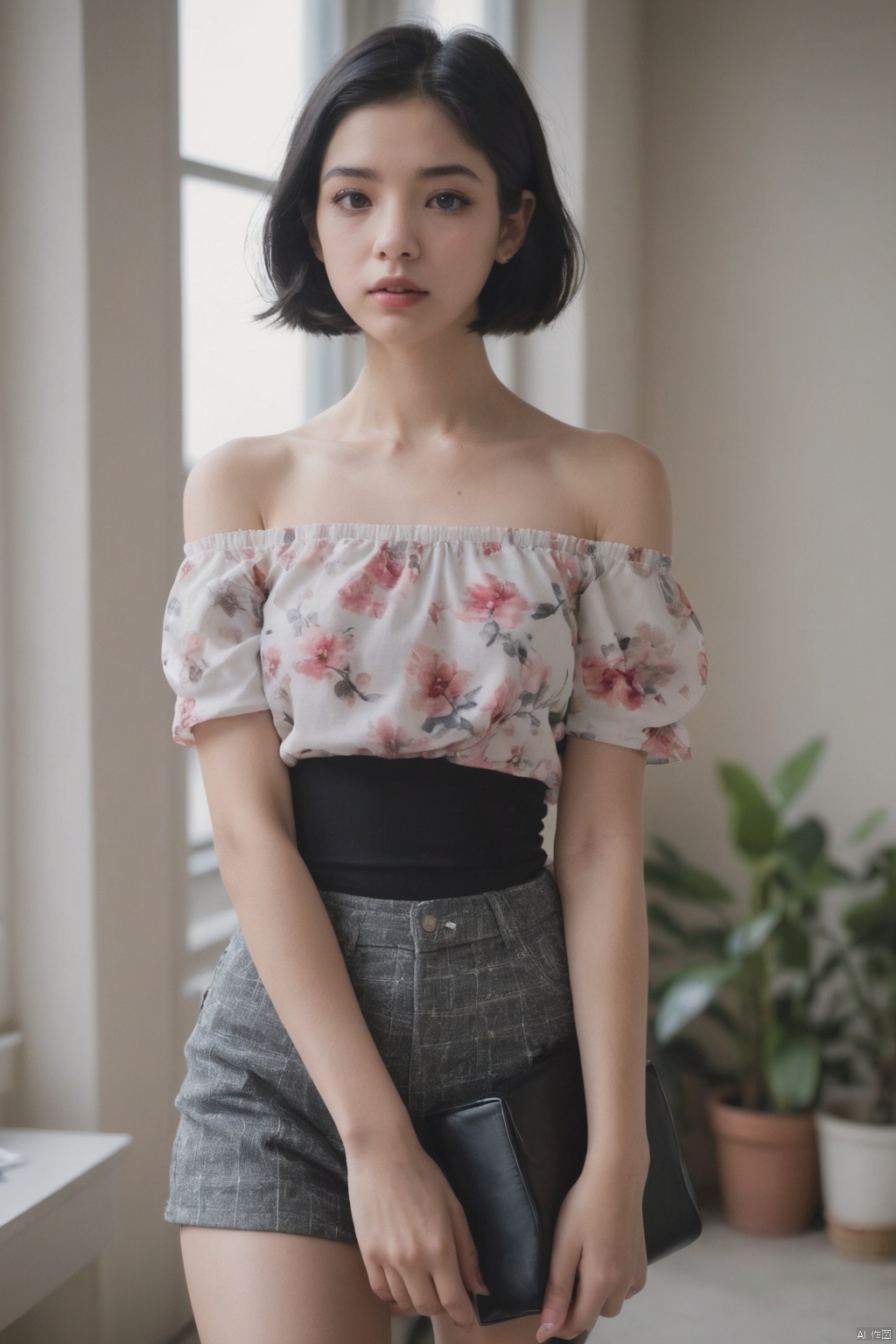  FilmGirl, 1girl, solo, looking at viewer, black hair, short hair, upper body, black eyes, lips, realistic, floral print, bare shoulders, closed mouth, collarbone, forehead, blurry, indoors, blurry background, off shoulder, shirt